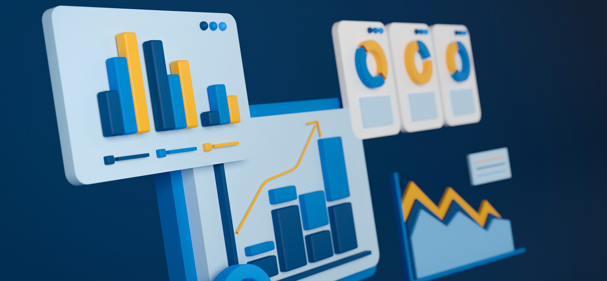 3D data visualization with bar graphs, pie charts, and line charts