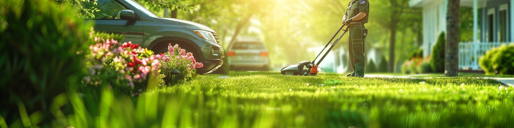 Person mowing lush green lawn with cars and flowers on a sunny day