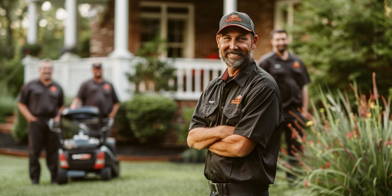 Smiling lawn care worker in black uniform standing in residential yard