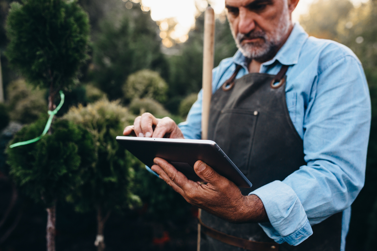 Gardener in apron using tablet among plants and trees outdoors