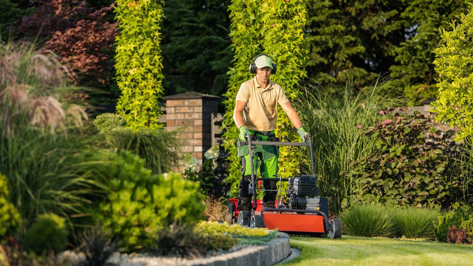 Gardener mowing lawn with professional mower in landscaped backyard garden