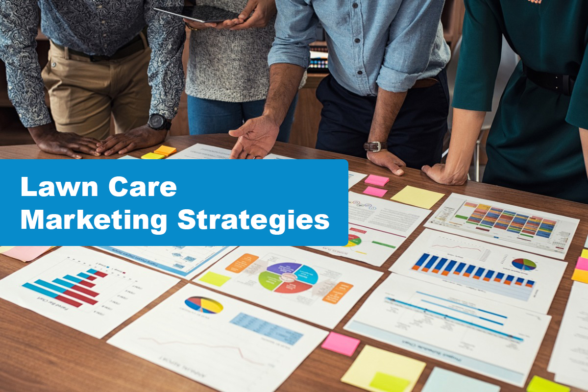 Team analyzing lawn care marketing strategies with charts and graphs