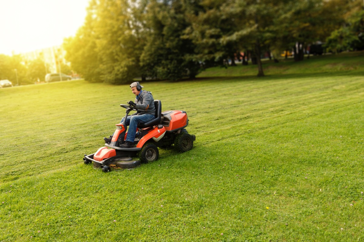 Red riding lawn mower cutting grass in sunny park with trees