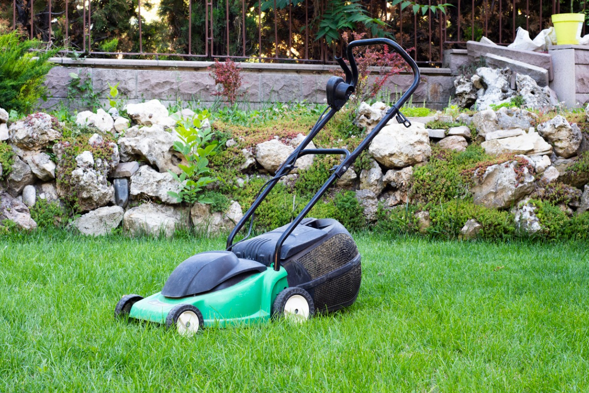 Green lawnmower on grass with rocky garden backdrop