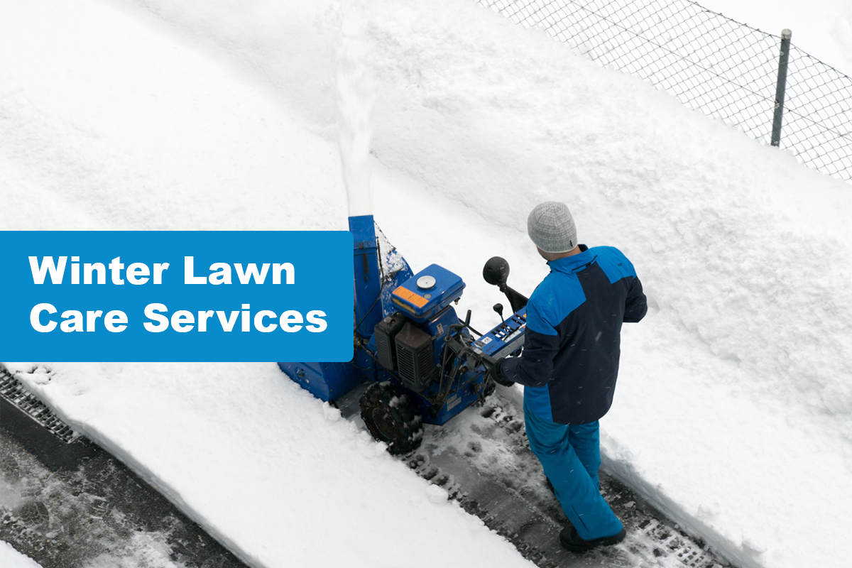 Worker operating blue snow blower near fence on snowy winter day