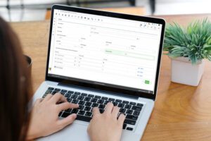 Person typing on laptop with spreadsheet open, potted plant nearby