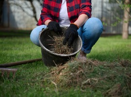 Person in plaid shirt holding metal pot with soil and grass clippings