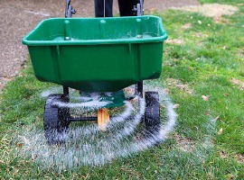 Green lawn spreader dispersing fertilizer on grass in circular pattern