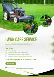 Lawn care service poster with lawnmower on green grass background