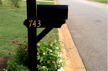 Black mailbox with number 743 next to flowering bush by roadside