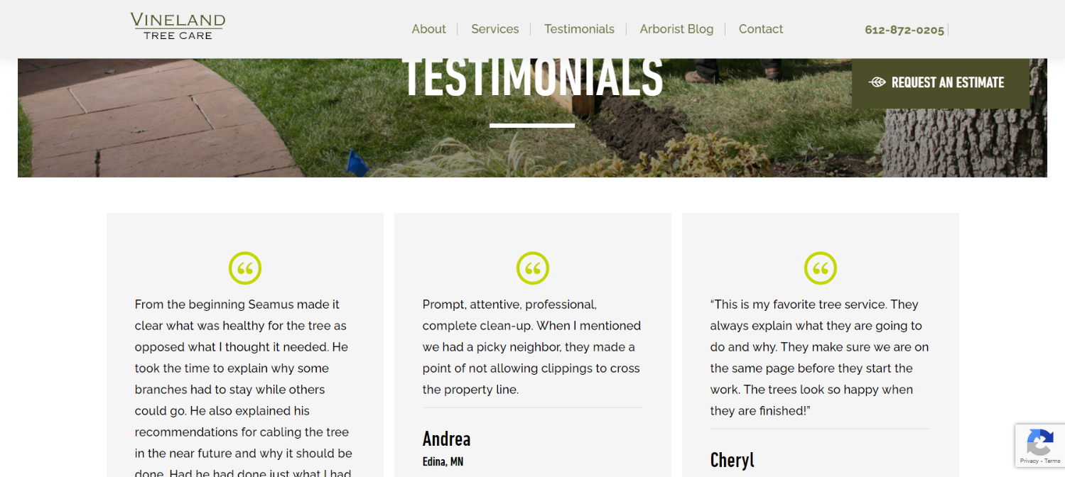Vineland Tree Care testimonials page with customer quotes and recommendations