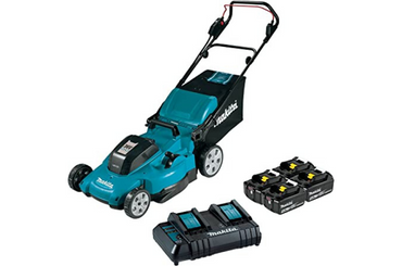 Teal Makita cordless lawn mower with batteries and charger