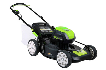 Green and black cordless electric lawn mower on white background
