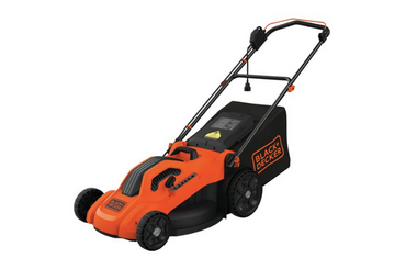 Orange and black electric lawn mower on white background