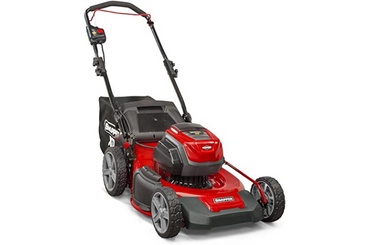 Red and black self-propelled gas lawn mower with large wheels