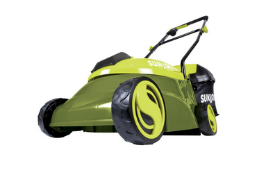 Green electric lawn mower with black wheels on white background