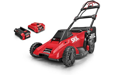 Red and black cordless electric lawn mower with battery pack