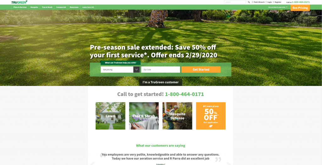 TruGreen lawn care website with pre-season sale and green lawn background