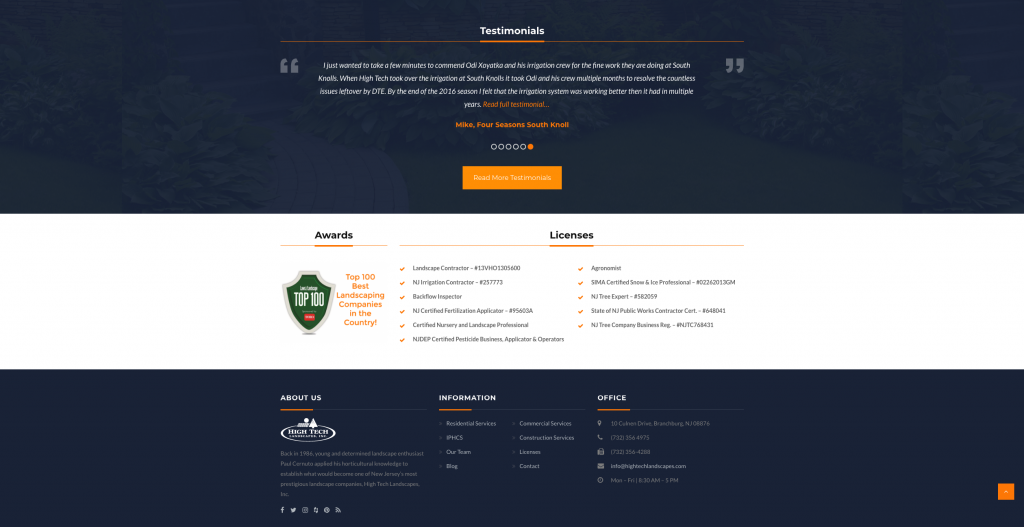 Testimonials and awards section of a landscaping company website