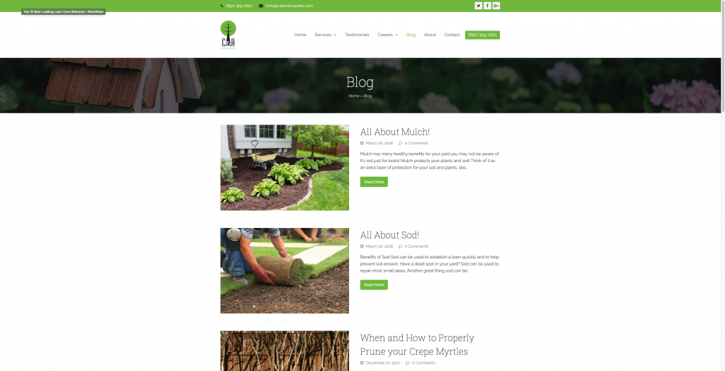 Landscape blog page showing gardening topics with images of mulch, sod, and pruning
