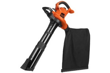 Orange and black electric leaf blower and vacuum with attached collection bag