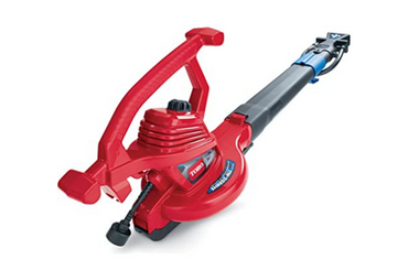 Red and blue handheld leaf blower on white background