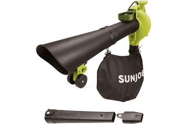 Green and black Sun Joe leaf blower with dust collection bag