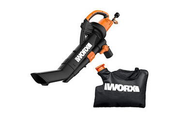 Orange and black Worx leaf blower and collection bag on white background