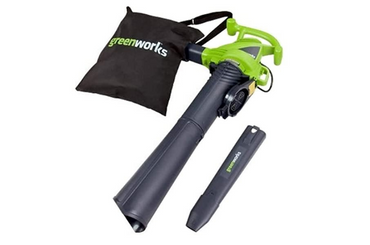 Greenworks electric leaf blower with black dust collection bag