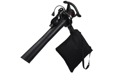 Black leaf blower with collection bag on white background