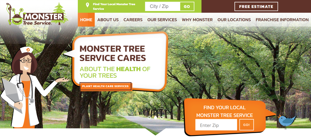 Monster Tree Service website with tree-lined path and medical professional mascot