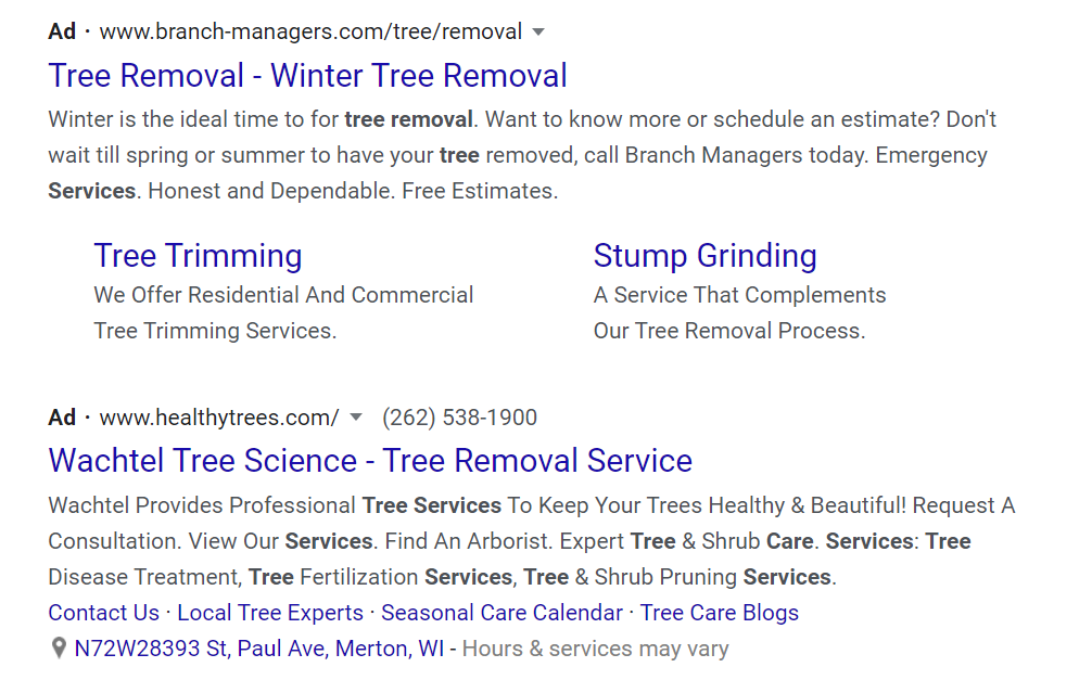 Tree removal and trimming service advertisements for winter tree care