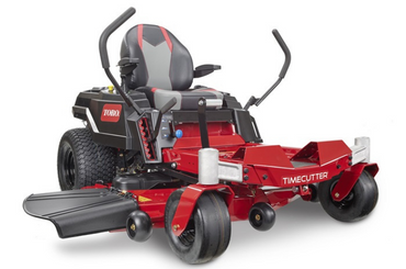Red and black zero-turn riding lawn mower with wide cutting deck