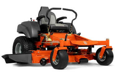 Orange zero-turn riding lawn mower on white background