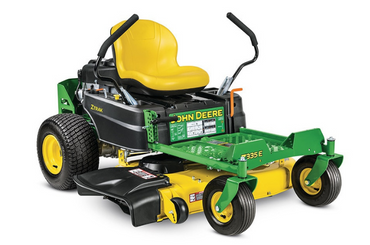 Green and yellow John Deere zero-turn riding lawn mower