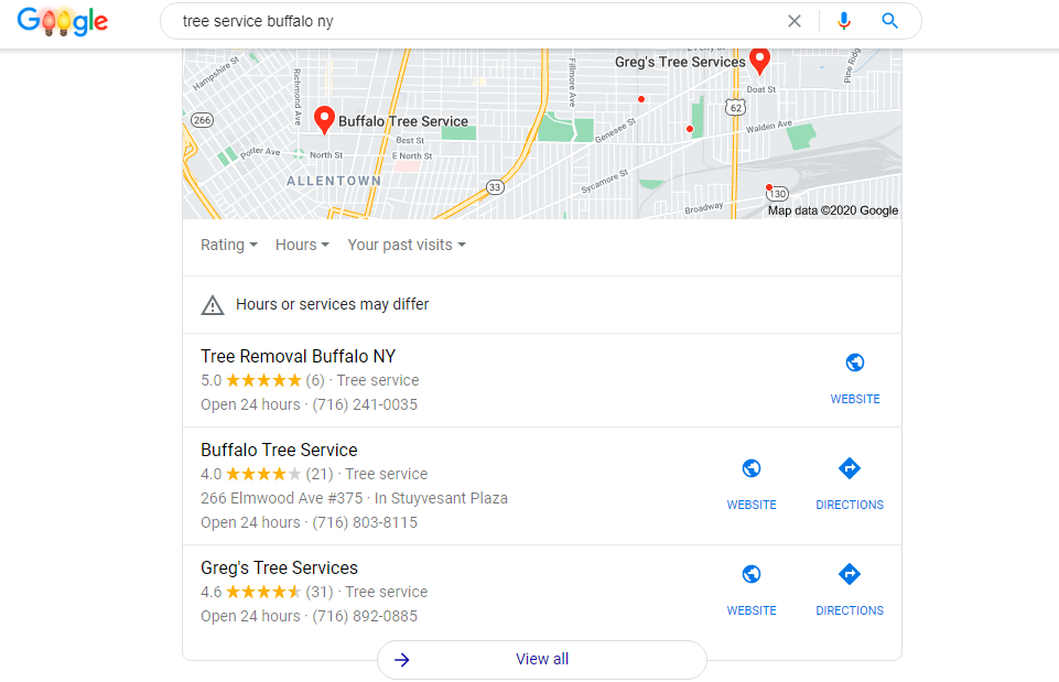 Google Maps showing tree service businesses in Buffalo, New York
