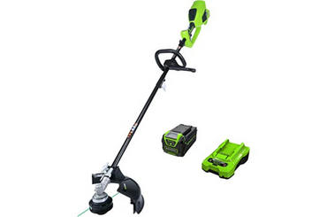 Green cordless string trimmer with battery and charger