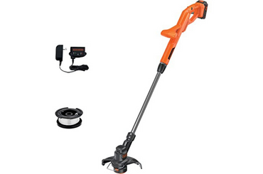 Orange cordless string trimmer with battery charger and spare spool