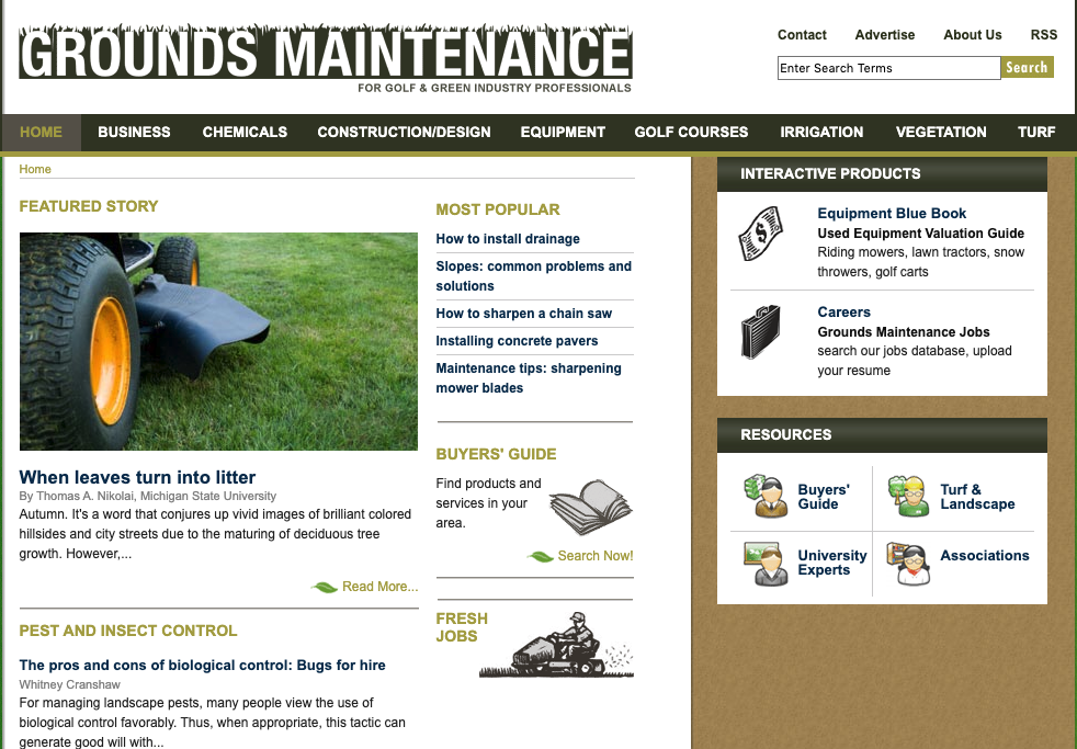 Lawn mower wheel on grass from Grounds Maintenance website
