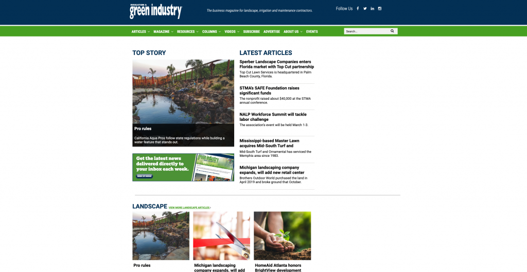 Green Industry magazine website homepage with landscape and landscaping news