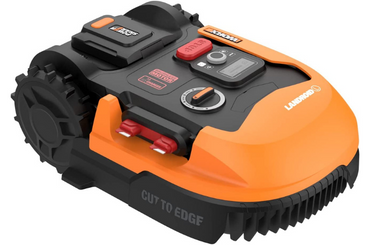 Orange and black robotic lawn mower with rugged wheels