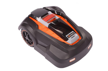 Robotic lawn mower with black and orange design
