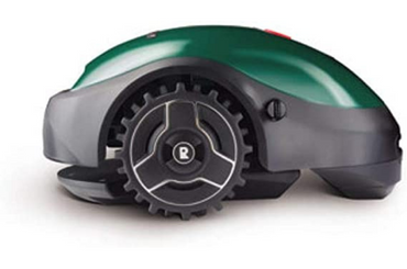 Robotic lawn mower in green and gray with large wheels