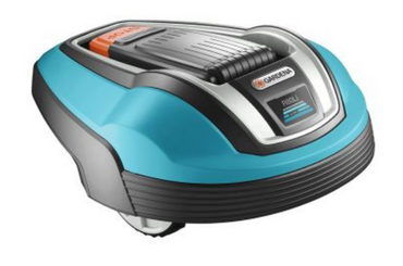 Teal and gray robotic lawn mower with digital display