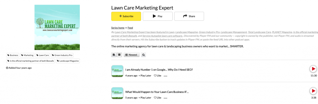 Lawn Care Marketing Expert podcast channel with green lawn background