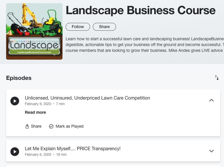 Landscape Business Course podcast page with lawn care equipment images
