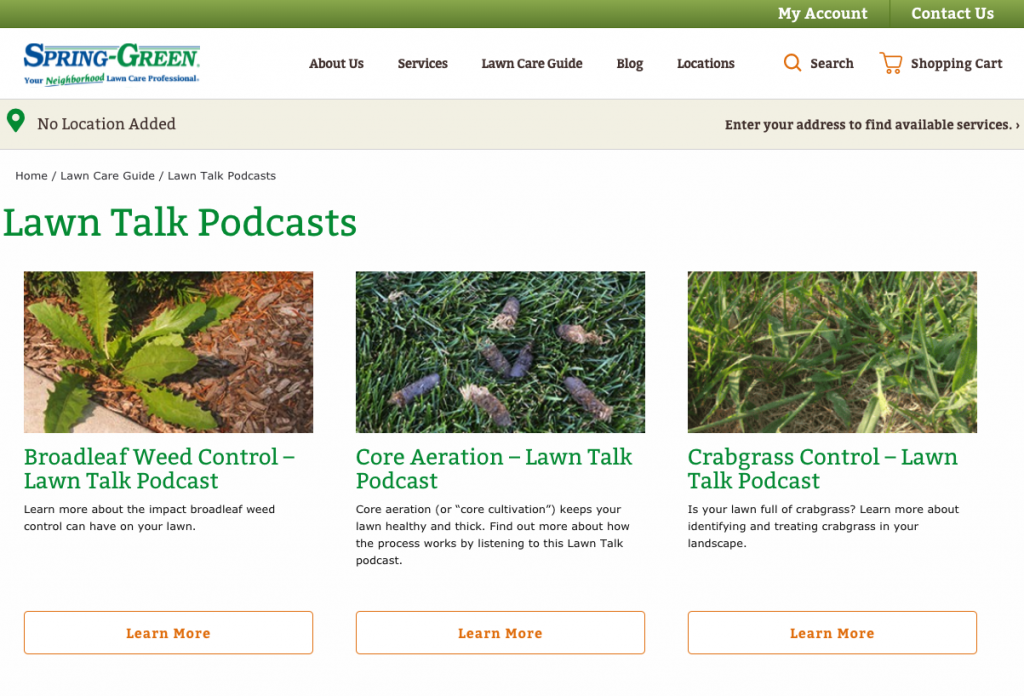 Spring-Green lawn care podcast page with three lawn maintenance topics