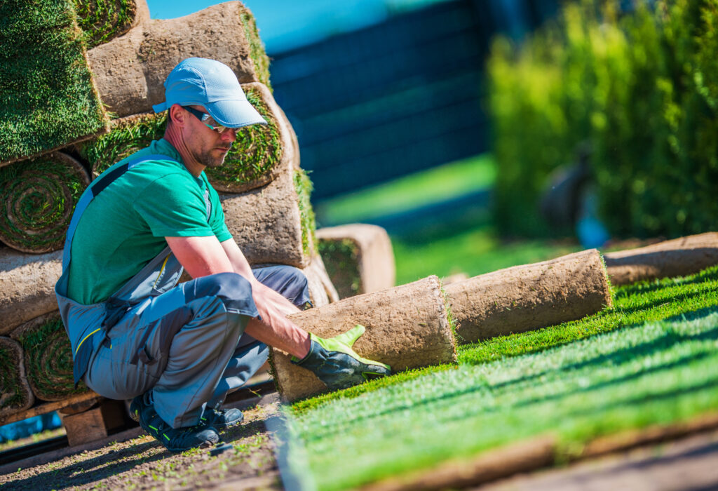 Landscaper installing green sod rolls on ground with careful precision