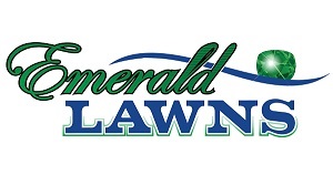Emerald Lawns logo with green cursive text and a green lawn globe