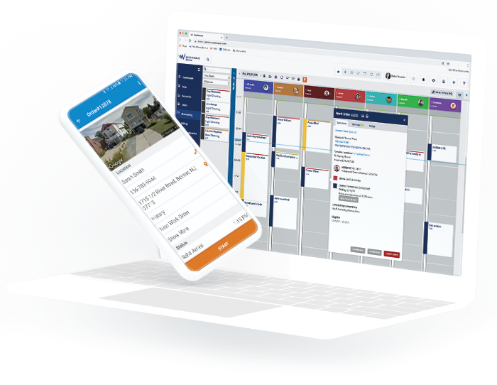 Mobile app and desktop interface showing property management software